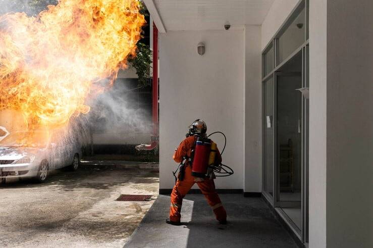 a firefighter standing near a building with a fireball behind him